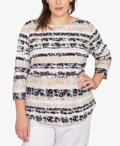 Ruby Rd. Plus Size Watercolor Floral Stripe Top In Chino Multi
