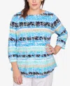 Ruby Rd. Plus Size Watercolor Floral Stripe Top In Lagoon Multi