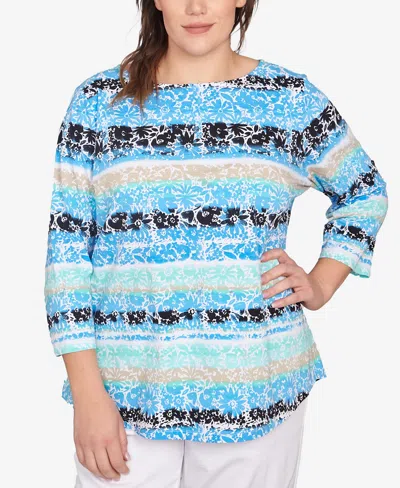 Ruby Rd. Plus Size Watercolor Floral Stripe Top In Lagoon Multi