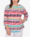 Ruby Rd. Plus Size Watercolor Floral Stripe Top In Watermelon Multi