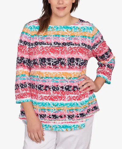 Ruby Rd. Plus Size Watercolor Floral Stripe Top In Watermelon Multi