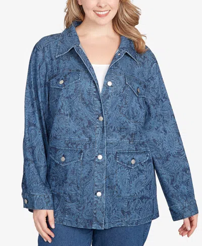 Ruby Rd. Plus Size Wide Leg Floral Cutout Jacket In Blue