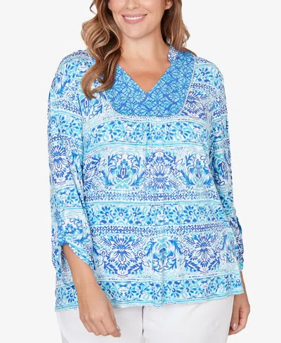 Ruby Rd. Plus Size Woodblock Twin Printed Knit Top In Blue