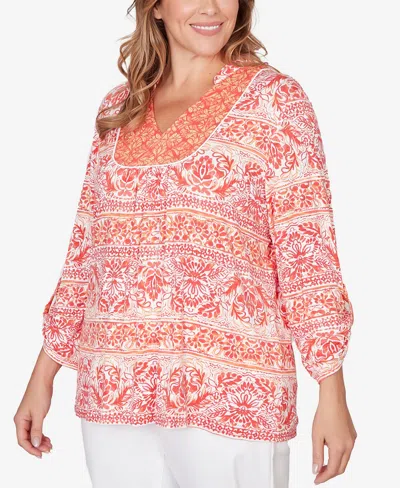 Ruby Rd. Plus Size Woodblock Twin Printed Knit Top In Red