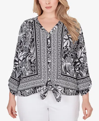 Ruby Rd. Plus Size Woodblock Woven Top In Black,white