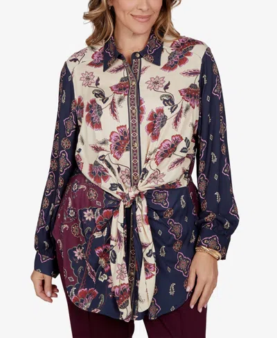 Ruby Rd. Plus Size Wov Garden Floral-print Long-sleeve Blouse In Navy Multi
