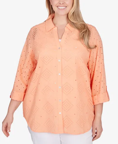 Ruby Rd. Plus Size Woven Diamond Cotton Top In Cantaloupe