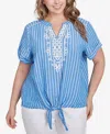 Ruby Rd. Plus Size Yarn Dye Stripe Embellished Tie Front Top In Blue