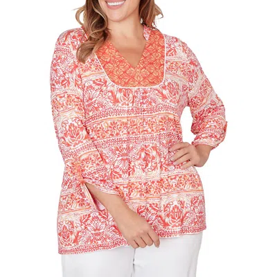 Ruby Rd. Plus Size Woodblock Twin Printed Knit Top In Pink