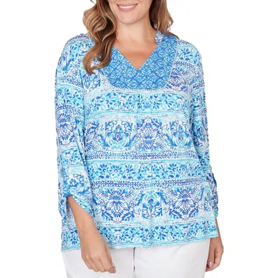 Ruby Rd. Plus Size Woodblock Twin Printed Knit Top In Blue
