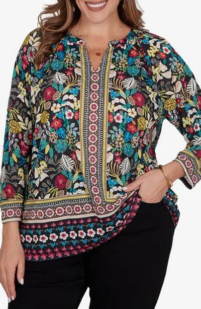 Ruby Rd. Ruby Rd Printed Slub Jersey Top In Black Multi