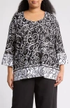 Ruby Rd. Ruby Rd Puff Print Bell Sleeve Top In Black