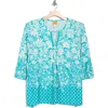 Ruby Rd. Plus Size Ibiza Ombre Floral Puff Print Top In Blue