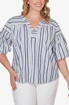 Ruby Rd. Plus Size Striped Cotton Poplin Elastic Cuff Top In White