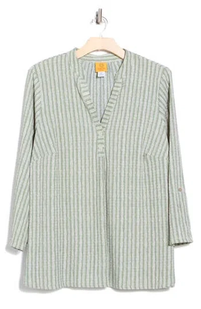 Ruby Rd. Ruby Rd Stripe Crinkle Knit Henley In Gray