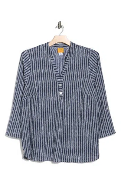 Ruby Rd. Ruby Rd Stripe Crinkle Knit Henley In Blue