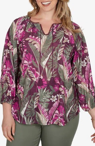 Ruby Rd. Ruby Rd Tropical Print Slub Top In Grape Wine Multi