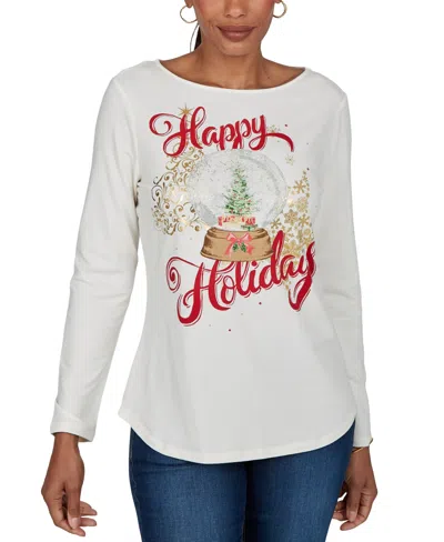 Ruby Rd. Women's Boat-neck Long-sleeve Holidays Top In White
