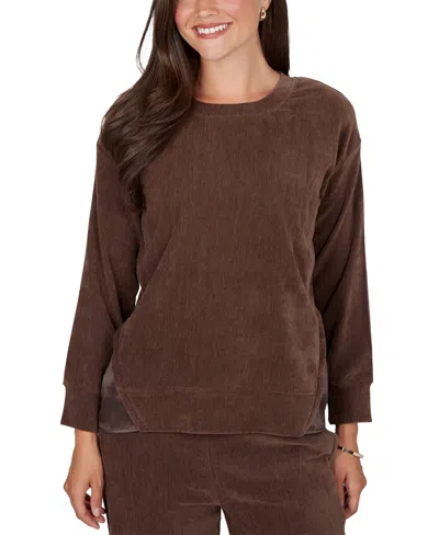 Ruby Rd. Women's Crewneck Long-sleeve Side-slit Corduroy Pullover In Brown
