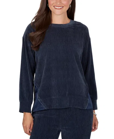 Ruby Rd. Women's Crewneck Long-sleeve Side-slit Corduroy Pullover In Blue
