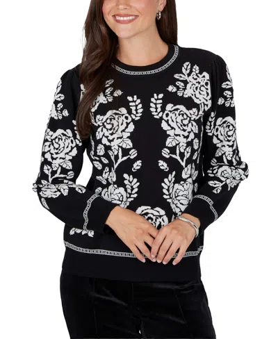 Ruby Rd. Women's Floral-print Crewneck Long-sleeve Pullover Sweater In Black