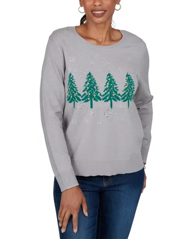 Ruby Rd. Women's Holiday Embellished Crewneck Pullover Sweater In Gray
