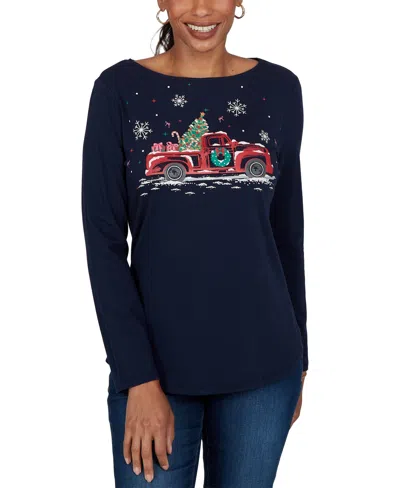 Ruby Rd. Women's Knt Truck Long-sleeve Boat Neck Fitted T-shirt In Blue