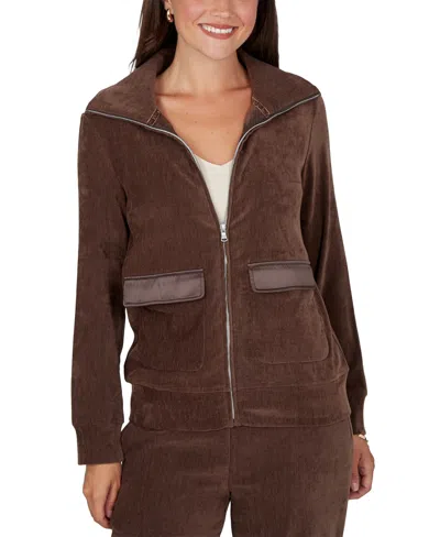 Ruby Rd. Women's Long-sleeve Collared Velveteen Jacket In Brown
