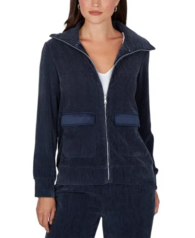 Ruby Rd. Women's Long-sleeve Collared Velveteen Jacket In Blue