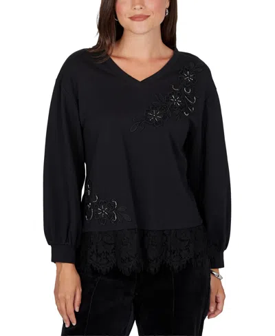 Ruby Rd. Women's Long-sleeve V-neck Lace Pullover In Black