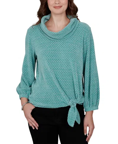 Ruby Rd. Women's New Neutrals Honeycomb-knit Tie-front 3/4-sleeve Top In Blue