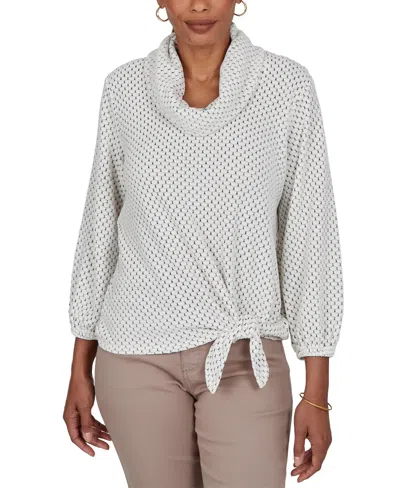 Ruby Rd. Women's New Neutrals Honeycomb-knit Tie-front 3/4-sleeve Top In White
