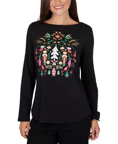 Ruby Rd. Women's Nutcracker Long-sleeve Boat Neck T-shirt In Black