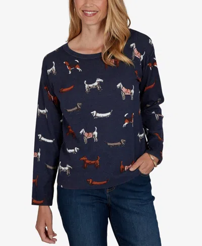 Ruby Rd. Women's Petite Dog-print Long-sleeve Pullover In Blue