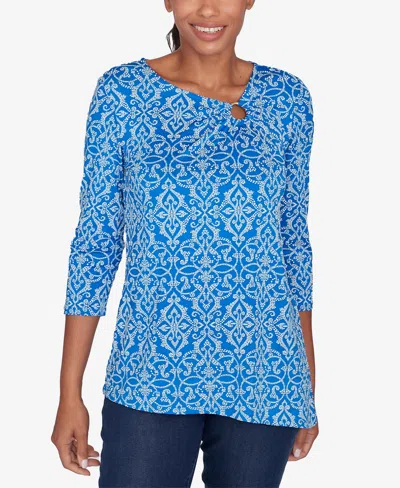 Ruby Rd. Petite Ring Neck Medallion Puff Printed Knit Top With Asymmetric Hem In Lapis Multi