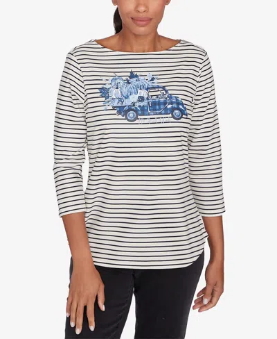 Ruby Rd. Petite Scoop Neck Fall Y'all Truck Striped Knit Top In Chambray Blue Multi