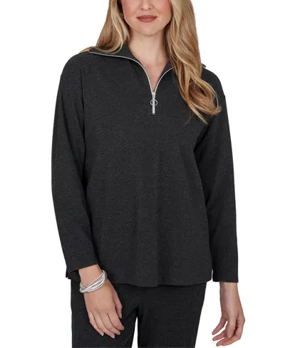 Ruby Rd. Women's Ribbed-knit Quarter-zip Long-sleeve Top In Gray