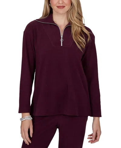 Ruby Rd. Women's Ribbed-knit Quarter-zip Long-sleeve Top In Burgundy