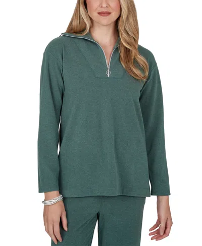 Ruby Rd. Women's Ribbed-knit Quarter-zip Long-sleeve Top In Green