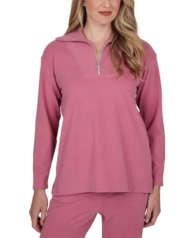 Ruby Rd. Women's Ribbed-knit Quarter-zip Long-sleeve Top In Pink