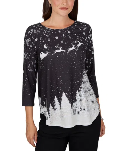 Ruby Rd. Women's Snowflake Holiday 3/4-sleeve T-shirt In Black