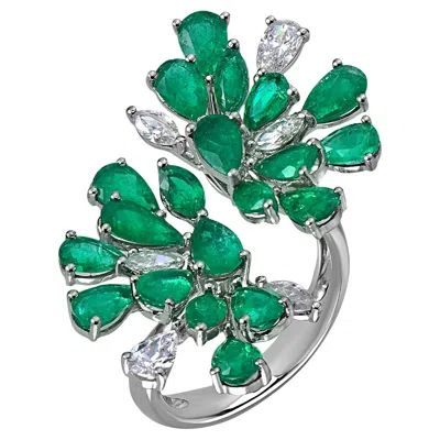 Pre-owned Ruchi New York 18k White Gold Emerald And Diamond Open Ring, 4.25ct