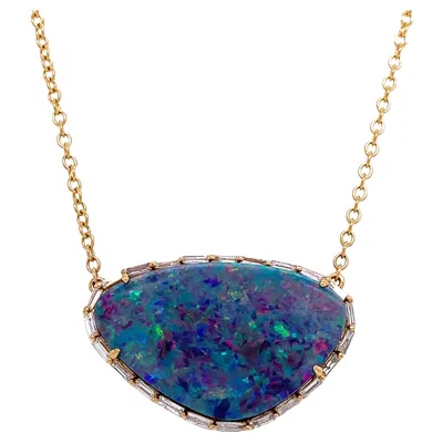Pre-owned Ruchi New York Ruchi Australian Opal With Baguette Diamond Halo Yellow Gold Pendant Necklace