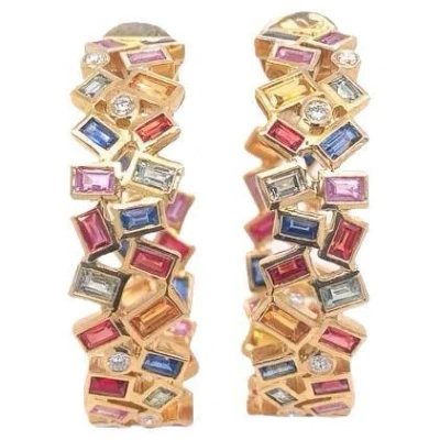 Pre-owned Ruchi New York Ruchi Baguette Multi-colored Sapphire With Diamond Yellow Gold Hoop Earrings