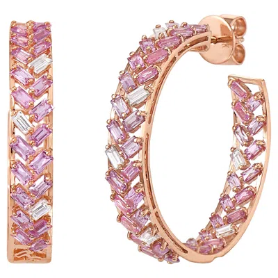 Pre-owned Ruchi New York Ruchi Baguette Pink Sapphire And Diamonds Rose Gold Hoop Earrings In Red