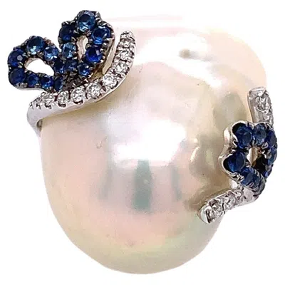 Pre-owned Ruchi New York Ruchi Baroque-shape Pearl, Blue Sapphire And Diamond White Gold Ring
