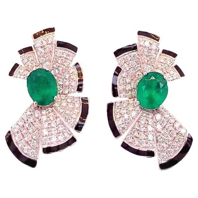 Pre-owned Ruchi New York Ruchi Black Agate, Emerald And Diamond White Gold Fan Stud Earrings