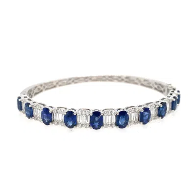 Pre-owned Ruchi New York Ruchi Blue Sapphire And Emerald-cut Illusion Diamond White Gold Clasp Bangle
