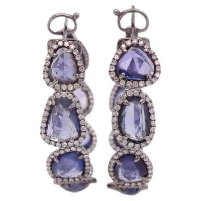 Pre-owned Ruchi New York Ruchi Blue Sapphire & Pavé Diamond Black Rhodium Hoop Earrings