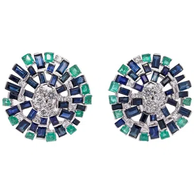 Pre-owned Ruchi New York Ruchi Blue Sapphire, Emerald And Brilliant Diamond White Gold Clip-on Studs